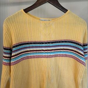 Jones Wear Yellow Sweater With Blue Red and White Strips Size Medium Vintage 90s